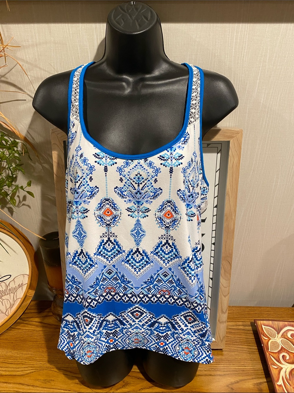 Blue Printed Scoop Neck Sleep Top with Trim